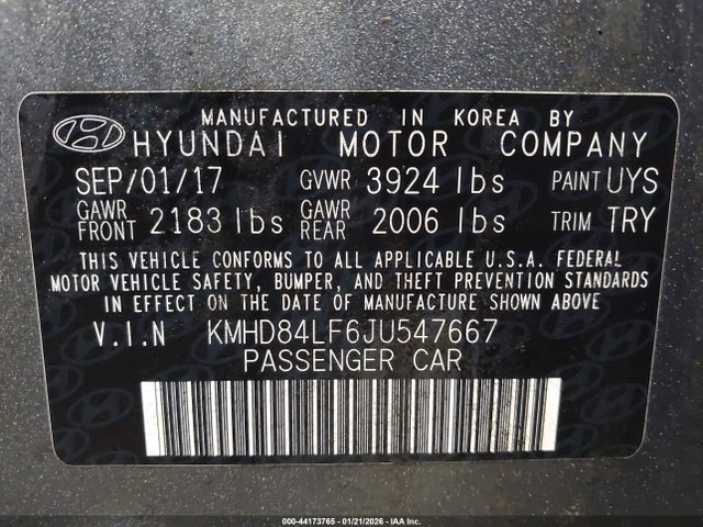 2018 Hyundai Elantra Sel მანქანა იყიდება აუქციონზე, vin: KMHD84LF6JU547667, აუქციონის ნომერი: 44173765