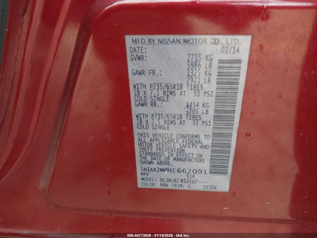 5N1AR2MN9EC662091 Nissan Pathfinder Platinum/s/sl/sv