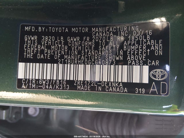 2T1BURHE0GC640873 Toyota COROLLA LE
