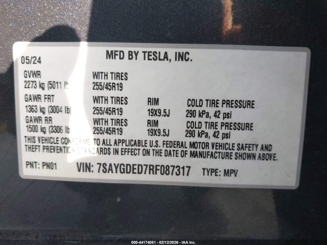 44174051 :رقم المزاد ، 7SAYGDED7RF087317 vin ، 2024 Tesla Model Y Rwd مزاد بيع