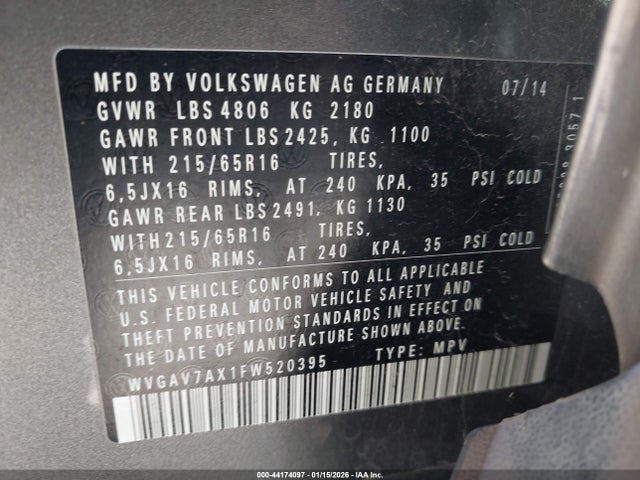 WVGAV7AX1FW520395 Volkswagen TIGUAN S