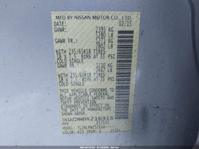 44174104 :رقم المزاد ، 5N1AZ2MH8FN216918 vin ، 2015 Nissan Murano S مزاد بيع