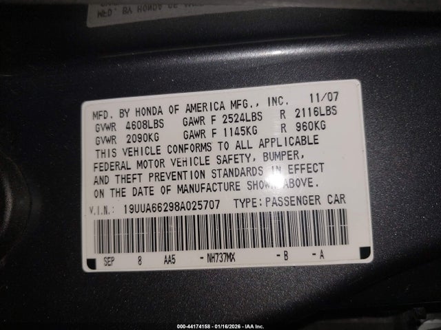 Aukcja sprzedaży 2008 Acura Tl 3.2, vin: 19UUA66298A025707, numer aukcji: 44174158