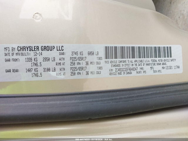 44174223 :رقم المزاد ، 2C4RDGCG5FR648347 vin ، 2015 Dodge Grand Caravan Sxt مزاد بيع