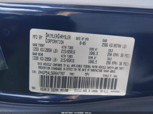 Продажа на аукционе авто 2006 Chrysler Town & Country Touring, vin: 2A4GP54L56R647787, номер лота: 44174441