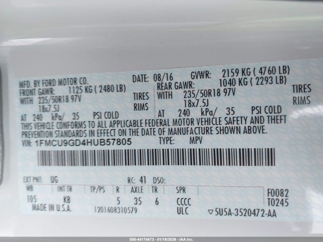1FMCU9GD4HUB57805 Ford ESCAPE SE