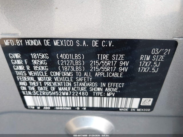 3CZRU5H52MM722480 Honda Hr-v 2wd Ex