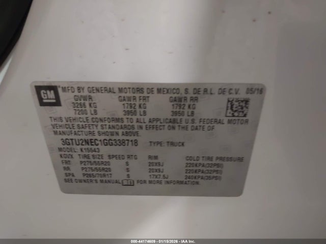 44174609 :رقم المزاد ، 3GTU2NEC1GG338718 vin ، 2016 Gmc Sierra 1500 Slt مزاد بيع