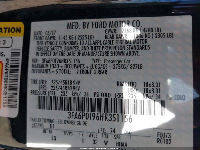 2017 FORD FUSION 3FA6P0T96HR351156 Photo 8