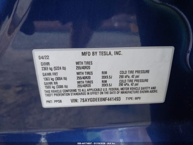 2022 Tesla Model Y Long Range Dual Motor All-wheel Drive მანქანა იყიდება აუქციონზე, vin: 7SAYGDEE8NF441493, აუქციონის ნომერი: 44174697