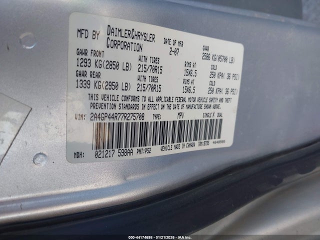 44174698 :رقم المزاد ، 2A4GP44R77R275708 vin ، 2007 Chrysler Town & Country Lx مزاد بيع