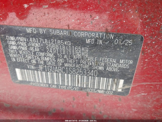 Aukcja sprzedaży 2025 Subaru Impreza Base 5-door, vin: JF1GUABC1S8253340, numer aukcji: 44174715