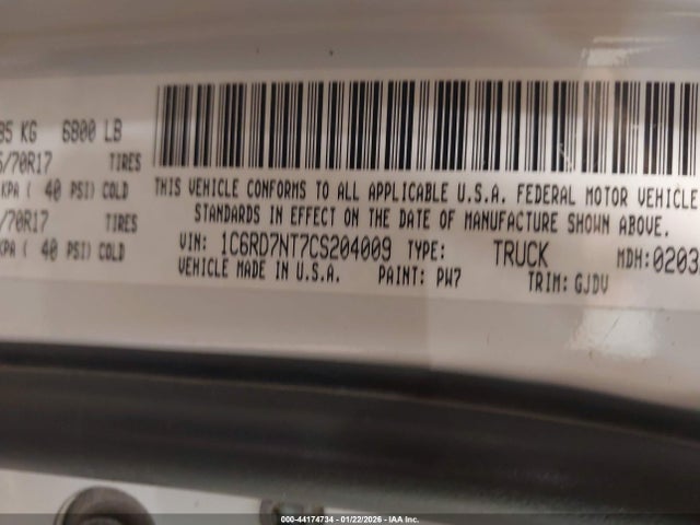 44174734 :رقم المزاد ، 1C6RD7NT7CS204009 vin ، 2012 Ram 1500 Laramie مزاد بيع