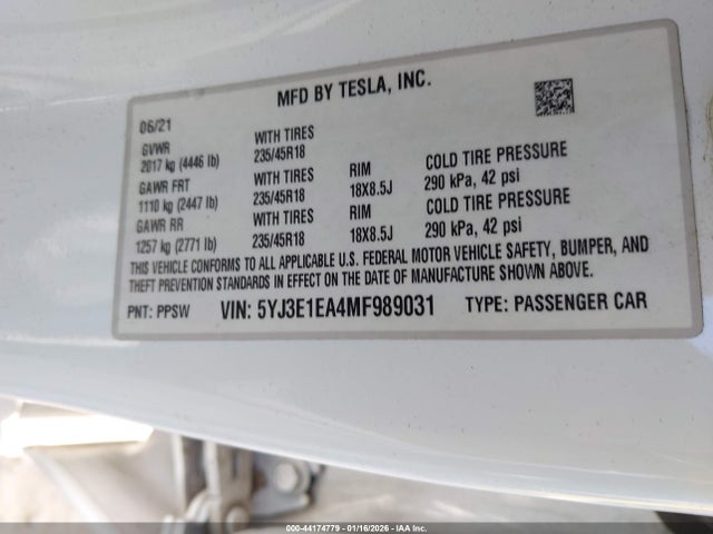 Aukcja sprzedaży 2021 Tesla Model 3 Standard Range Plus Rear-wheel Drive, vin: 5YJ3E1EA4MF989031, numer aukcji: 44174779