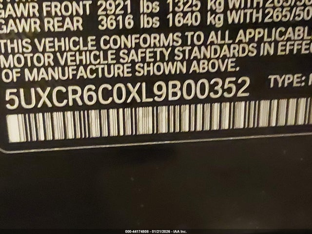44174808 :رقم المزاد ، 5UXCR6C0XL9B00352 vin ، 2020 Bmw X5 Xdrive40i مزاد بيع