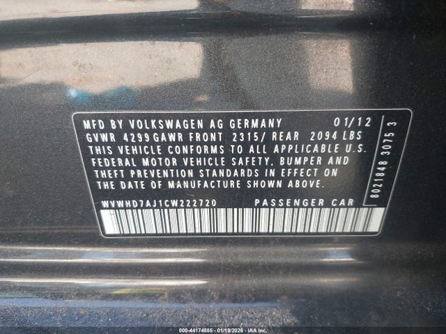 44174885 :رقم المزاد ، WVWHD7AJ1CW222720 vin ، 2012 Volkswagen Gti 4-door مزاد بيع