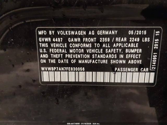 2015 Volkswagen Cc 2.0t R-line მანქანა იყიდება აუქციონზე, vin: WVWBP7AN7FE830056, აუქციონის ნომერი: 44174899