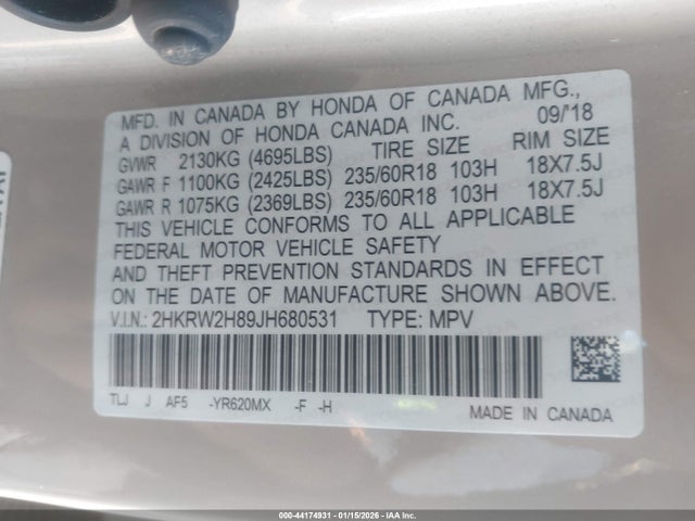 2HKRW2H89JH680531 Honda Cr-v Ex-l/ex-l Navi