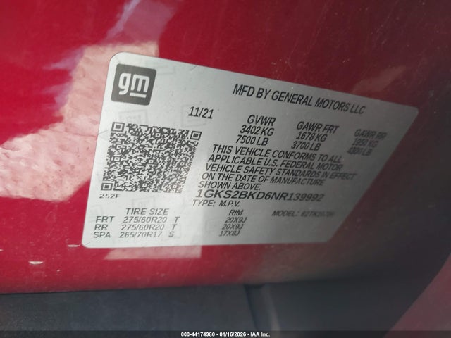 2022 Gmc Yukon 4wd Slt მანქანა იყიდება აუქციონზე, vin: 1GKS2BKD6NR139992, აუქციონის ნომერი: 44174980