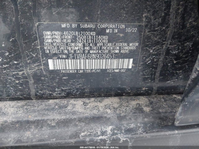 44175016 :رقم المزاد ، JF1VBAF68N9026453 vin ، 2022 Subaru Wrx Premium مزاد بيع