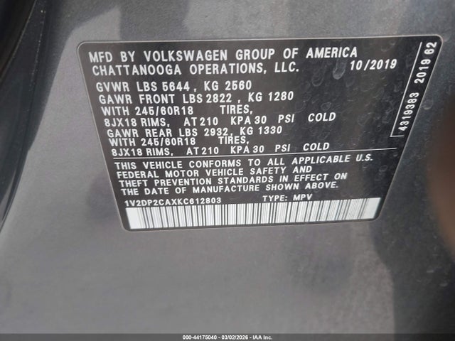 1V2DP2CAXKC612803 Volkswagen Atlas 2.0t Se