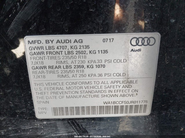 2018 Audi Q3 2.0t Premium/2.0t Sport Premium მანქანა იყიდება აუქციონზე, vin: WA1BCCFS0JR011775, აუქციონის ნომერი: 44175139