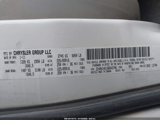 2011 Dodge Grand Caravan C/v მანქანა იყიდება აუქციონზე, vin: 2D4RN1AG1BR643706, აუქციონის ნომერი: 44175174