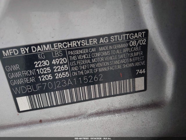 Aukcja sprzedaży 2003 Mercedes-benz E 500, vin: WDBUF70J23A115262, numer aukcji: 44175183