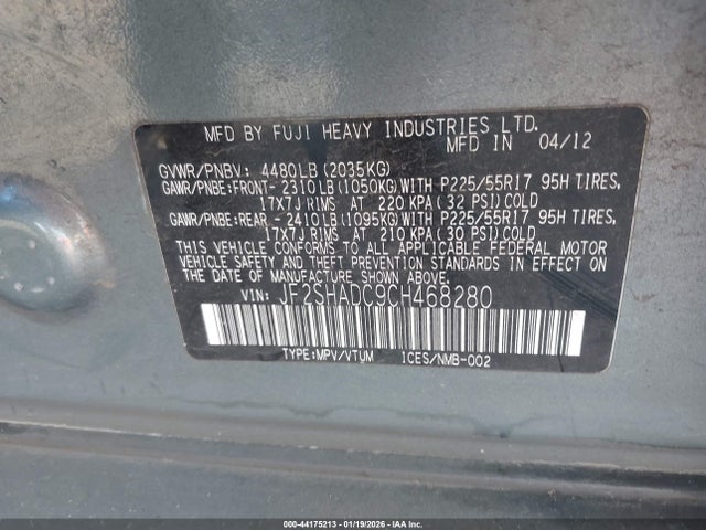 44175213 :رقم المزاد ، JF2SHADC9CH468280 vin ، 2012 Subaru Forester 2.5x Premium مزاد بيع