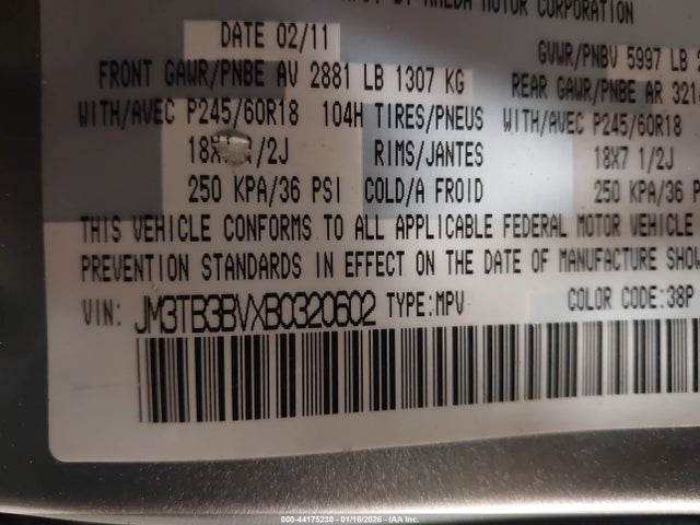 2011 Mazda Cx-9 მანქანა იყიდება აუქციონზე, vin: JM3TB3BVXB0320602, აუქციონის ნომერი: 44175230