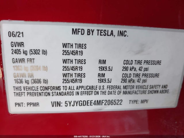 Aukcja sprzedaży 2021 Tesla Model Y Long Range Dual Motor All-wheel Drive, vin: 5YJYGDEE4MF206522, numer aukcji: 44175288
