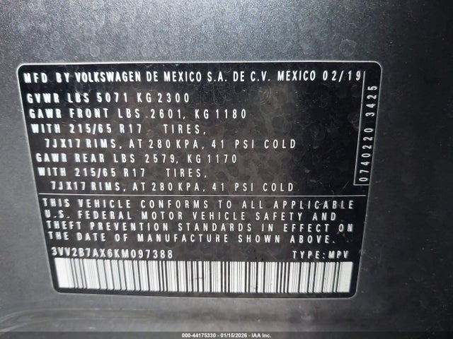 2019 VOLKSWAGEN TIGUAN 3VV2B7AX6KM097388 Photo 8