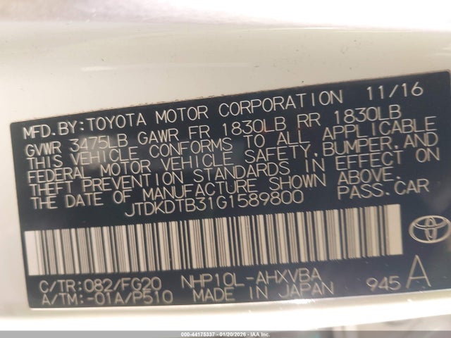 JTDKDTB31G1589800 Toyota Prius C Two