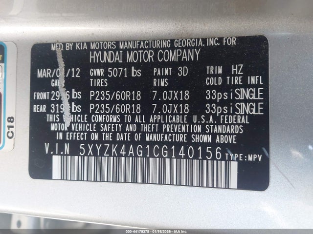 Продаж на аукціоні авто 2012 Hyundai Santa Fe Limited V6, vin: 5XYZK4AG1CG140156, номер лоту: 44175378