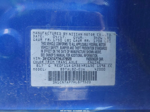 3N1CN7AP7HL879520 Nissan Versa 1.6 Sv