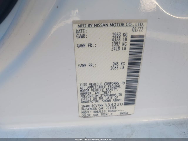 1N4BL4CV7NN334220 Nissan Altima Sr Fwd