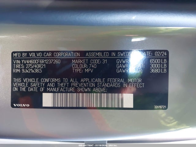 Продаж на аукціоні авто 2024 Volvo Xc90 Recharge Plug-in Hybrid T8 Ultimate Bright Theme 7-seater, vin: YV4H60CF6R1237260, номер лоту: 44175547