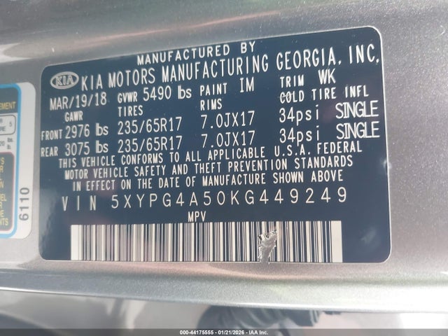 5XYPG4A50KG449249 KIA Sorento 3.3l Lx