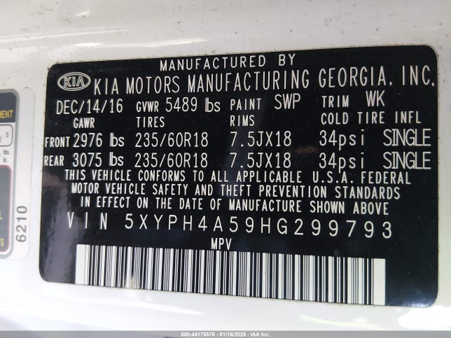 5XYPH4A59HG299793 KIA Sorento 3.3l Ex