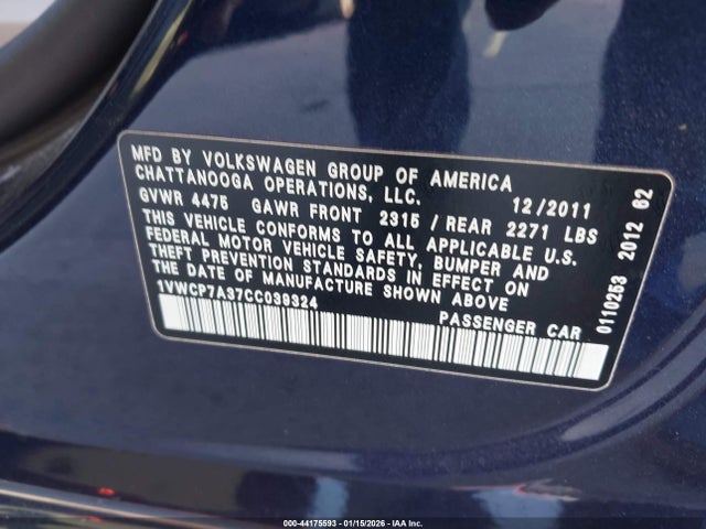 Aukcja sprzedaży 2012 Volkswagen Passat 2.5l Sel, vin: 1VWCP7A37CC039324, numer aukcji: 44175593