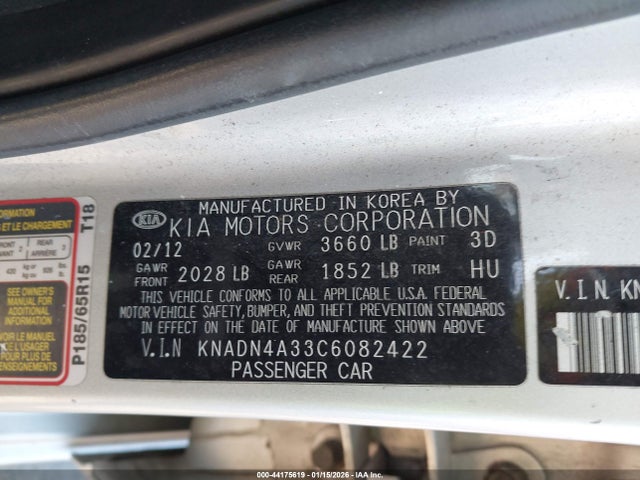 2012 Kia Rio Ex მანქანა იყიდება აუქციონზე, vin: KNADN4A33C6082422, აუქციონის ნომერი: 44175619