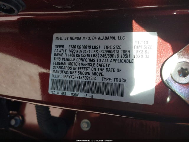 Продажа на аукционе авто 2019 Honda Ridgeline Rtl-e, vin: 5FPYK3F71KB024354, номер лота: 44175640