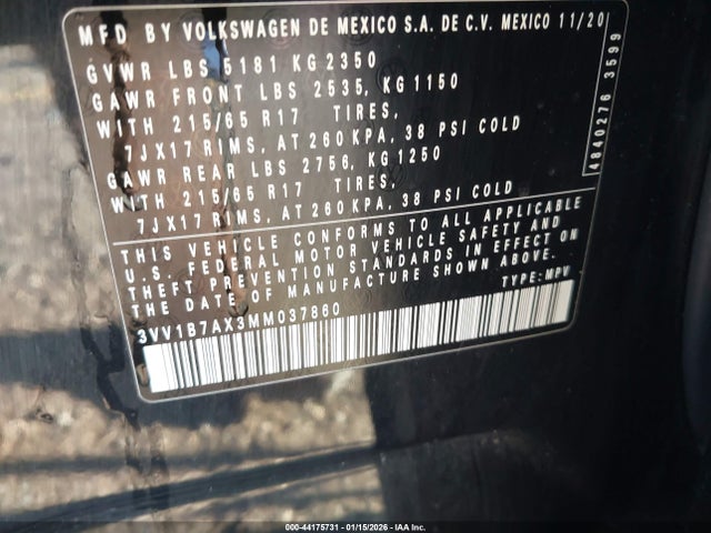 3VV1B7AX3MM037860 Volkswagen Tiguan 2.0t S