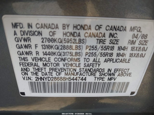 2008 Acura Mdx Technology Package მანქანა იყიდება აუქციონზე, vin: 2HNYD28688H544744, აუქციონის ნომერი: 44175766