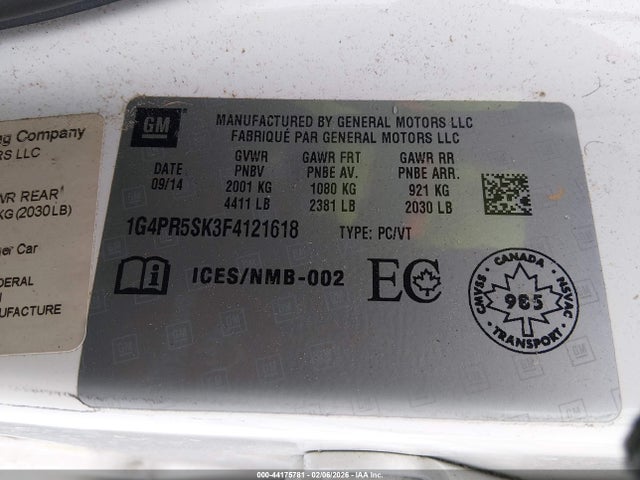 Продаж на аукціоні авто 2015 Buick Verano Convenience Group, vin: 1G4PR5SK3F4121618, номер лоту: 44175781