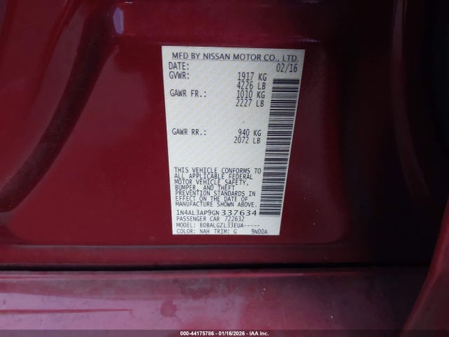 1N4AL3AP9GN337634 Nissan Altima 2.5/2.5 S/2.5 Sl/2.5 Sr/2.5 Sv