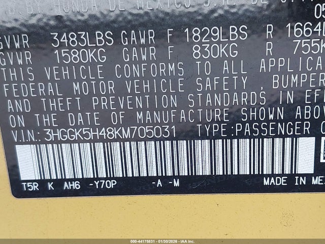 3HGGK5H48KM705031 Honda FIT LX