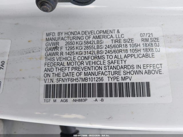 2021 Honda Pilot Awd Ex-l მანქანა იყიდება აუქციონზე, vin: 5FNYF6H57MB101256, აუქციონის ნომერი: 44175866