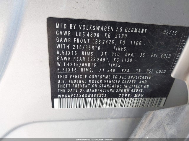 WVGAV7AX0GW585322 Volkswagen TIGUAN S