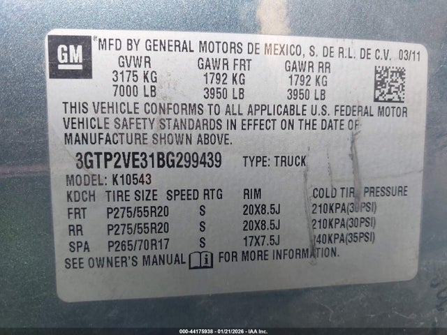 Aukcja sprzedaży 2011 Gmc Sierra 1500 Sle, vin: 3GTP2VE31BG299439, numer aukcji: 44175938